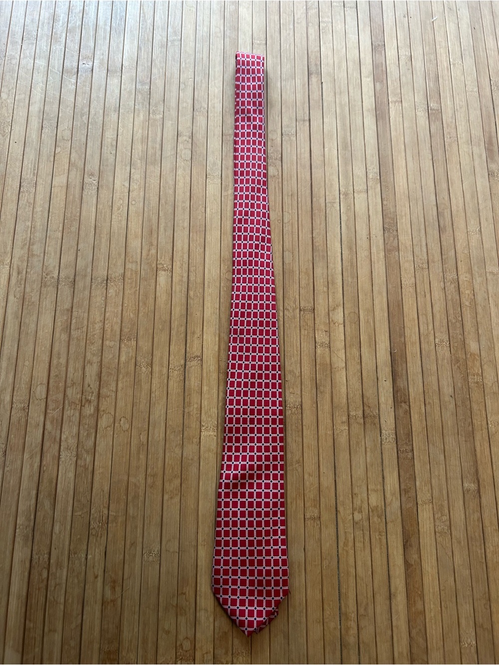Chaps Men’s Handmade Silk Red Rectangle Pattern Tie W/ Blue & White Accents